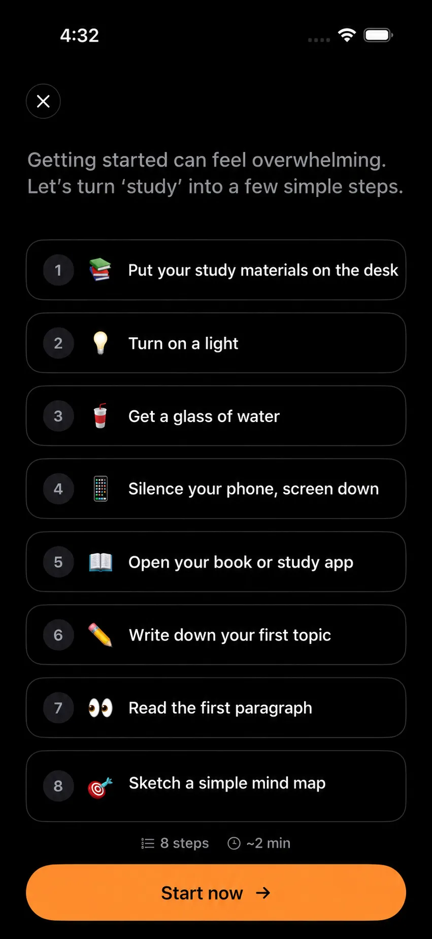 PlanMate breaks studying into eight small steps, from preparing your desk to reading the first paragraph